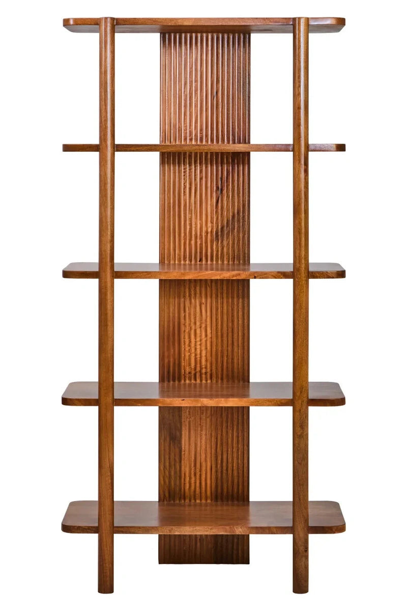 Front view of the Hawthorn Five Tier Mango Wood Shelf Unit, with five shelves on round posts and a central reeded panel.
