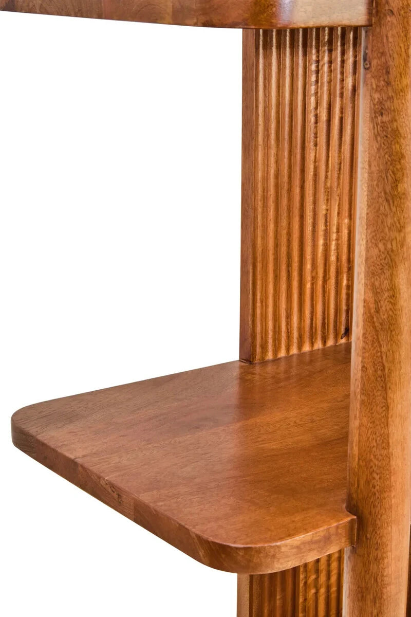Close-up of a Hawthorn shelf meeting the reeded mango wood centre panel and upright post.