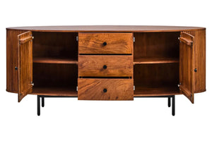 The Hawthorn Oval Sideboard with both doors and the bottom drawer open, showing shelved cupboards and drawer storage.