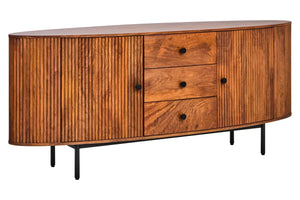 The Hawthorn Oval Sideboard from a three-quarter angle, showing its rounded ends and fluted mango wood doors.