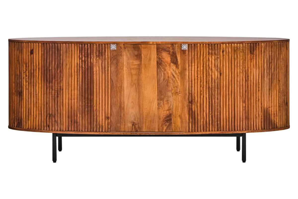 Back view of the Hawthorn Oval Sideboard in mango wood on black metal legs.