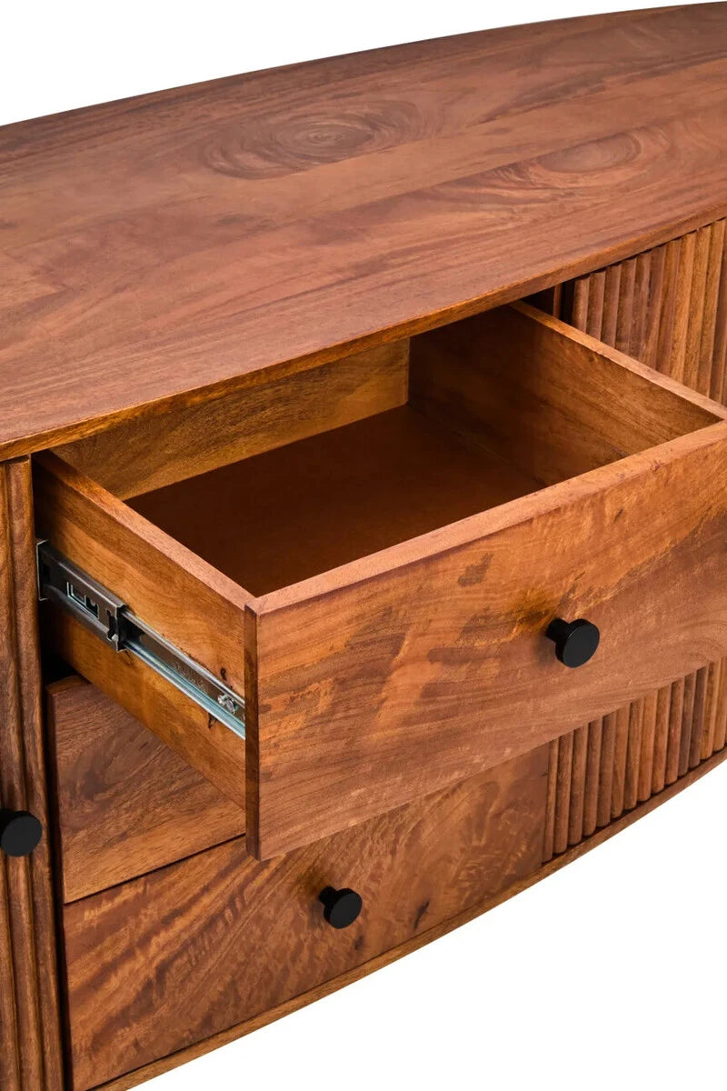 The Hawthorn Oval Sideboard with a drawer open, showing the mango wood drawer box on metal runners.