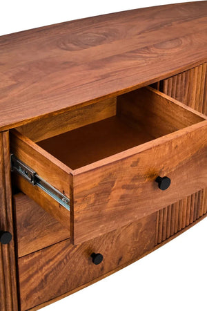 The Hawthorn Oval Sideboard with a drawer open, showing the mango wood drawer box on metal runners.