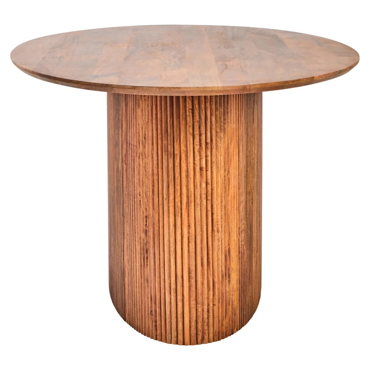 End view of the Hawthorn Mango Wood Oval Dining Table, showing the rounded end of the reeded pedestal base.