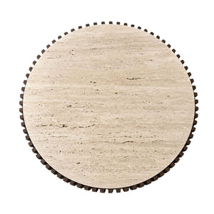 Top view of the Solmere round coffee table's travertine top