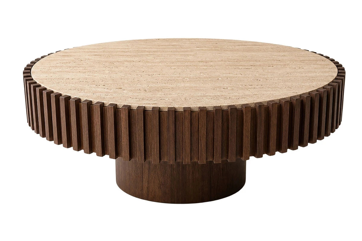 Solmere round coffee table with travertine top, ribbed mango wood edge and pillar base