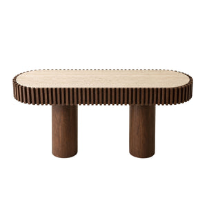 Solmere travertine and mango wood curved console table, front view