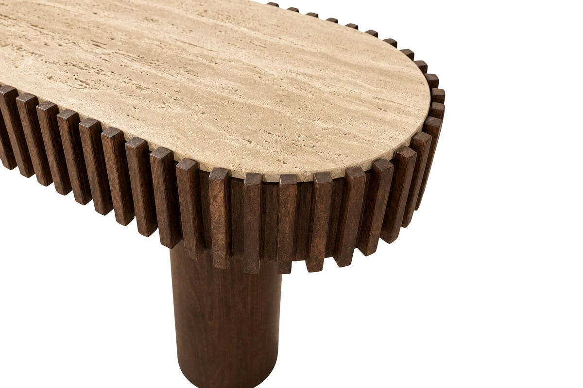 Close-up of the rounded end of the Solmere console table with ribbed mango wood edge