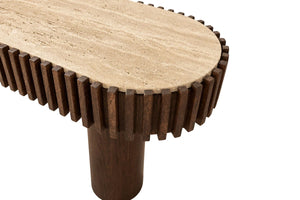 Close-up of the rounded end of the Solmere console table with ribbed mango wood edge