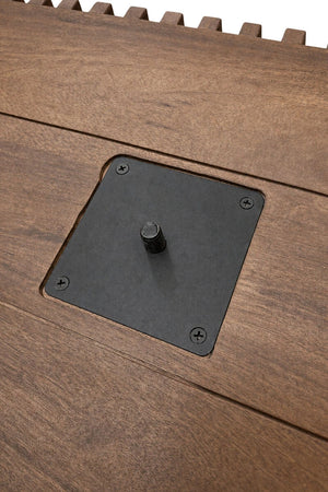 Close-up of a leg fixing plate under the Solmere console table