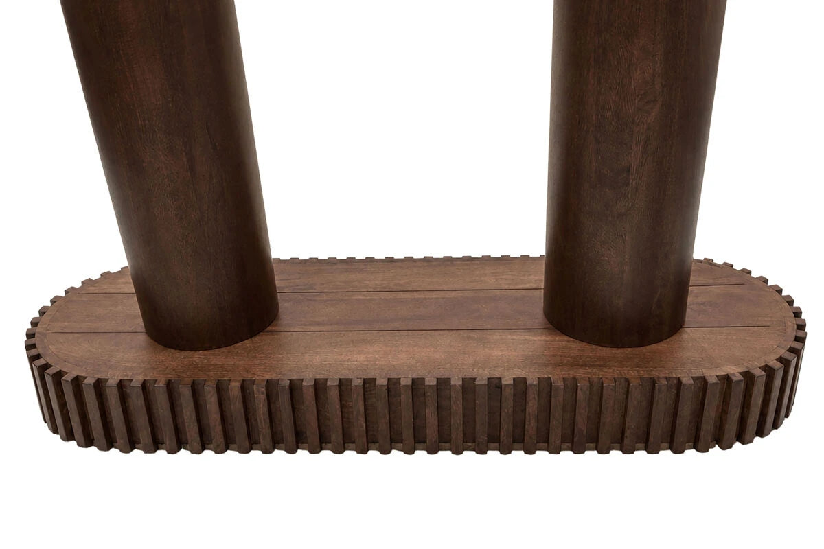 Solmere console table upside down showing both mango wood pillar legs