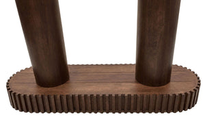 Solmere console table upside down showing both mango wood pillar legs