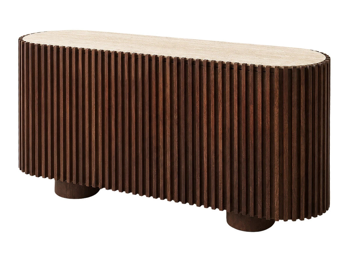 Solmere travertine and mango wood curved sideboard, angled view