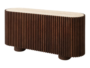 Solmere travertine and mango wood curved sideboard, angled view