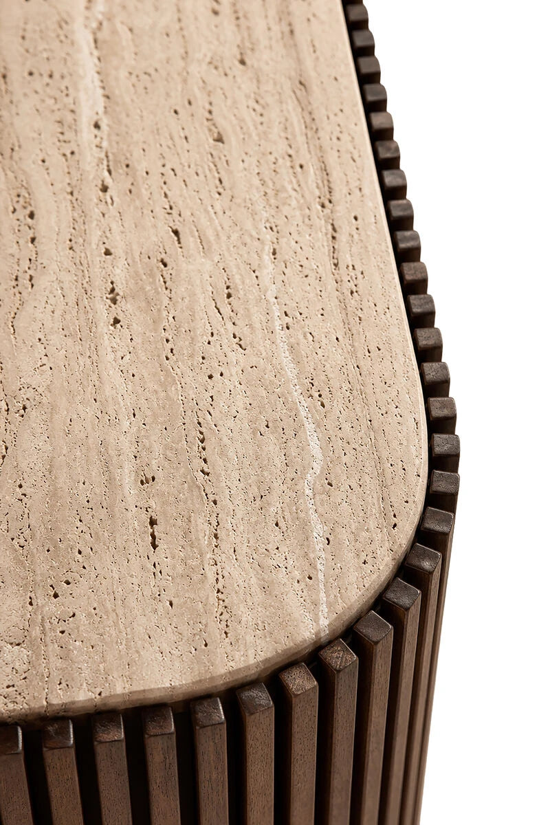 Close-up of the travertine top and ribbed mango wood edge on the Solmere sideboard