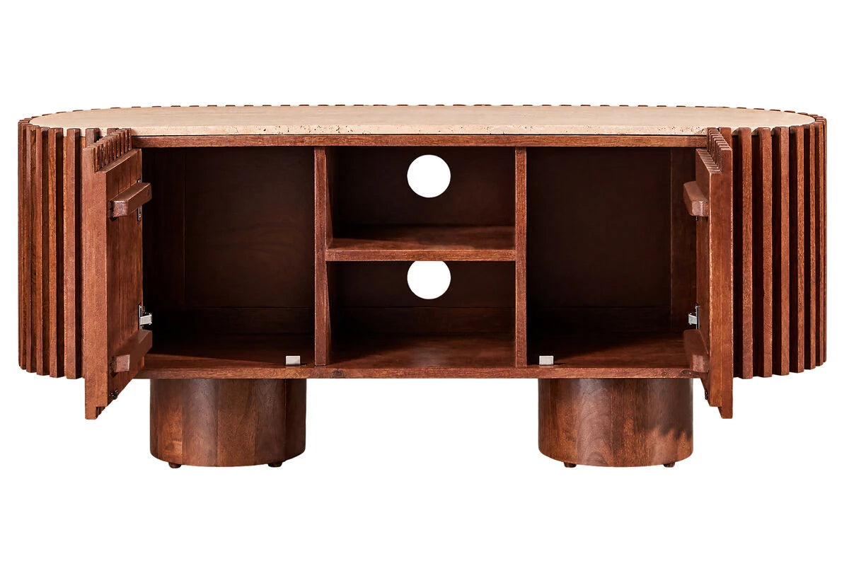 Solmere media unit with both doors open showing the inner shelves