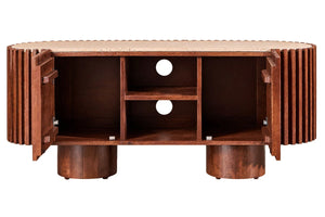 Solmere media unit with both doors open showing the inner shelves