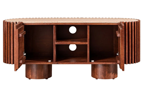 Solmere media unit with both doors open showing the inner shelves