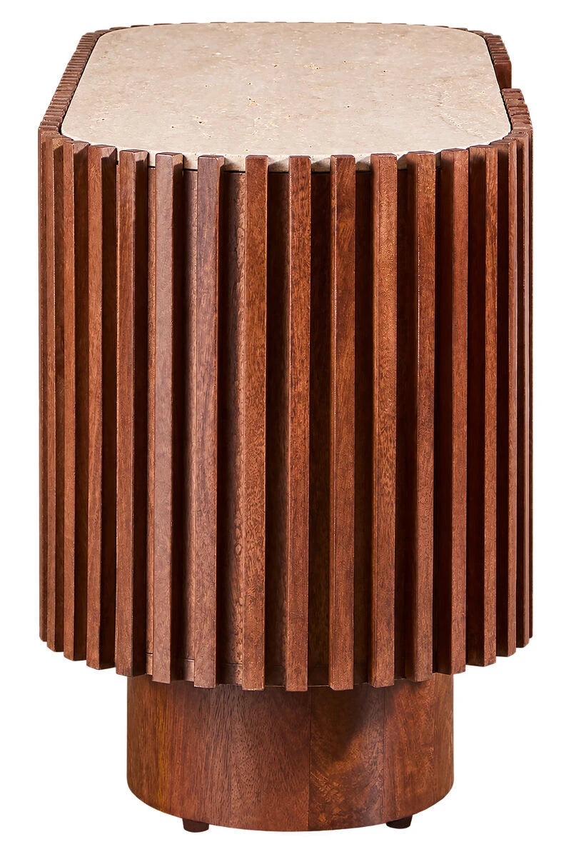 Side view of the Solmere media unit showing its curved end and pillar foot
