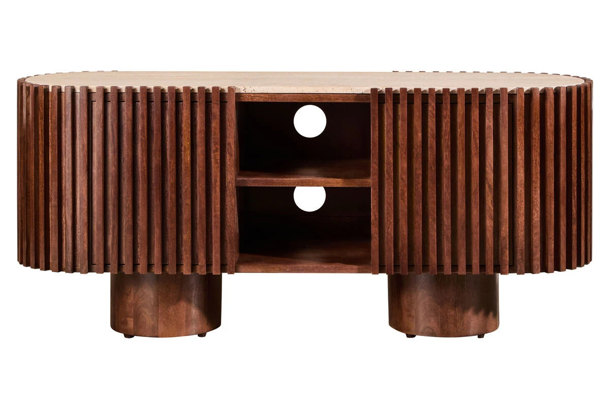 Solmere travertine and mango wood curved media unit, front view with open central shelves