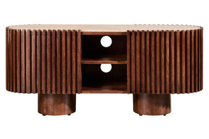 Solmere travertine and mango wood curved media unit, front view with open central shelves