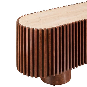 Solmere media unit from above showing the rounded travertine top