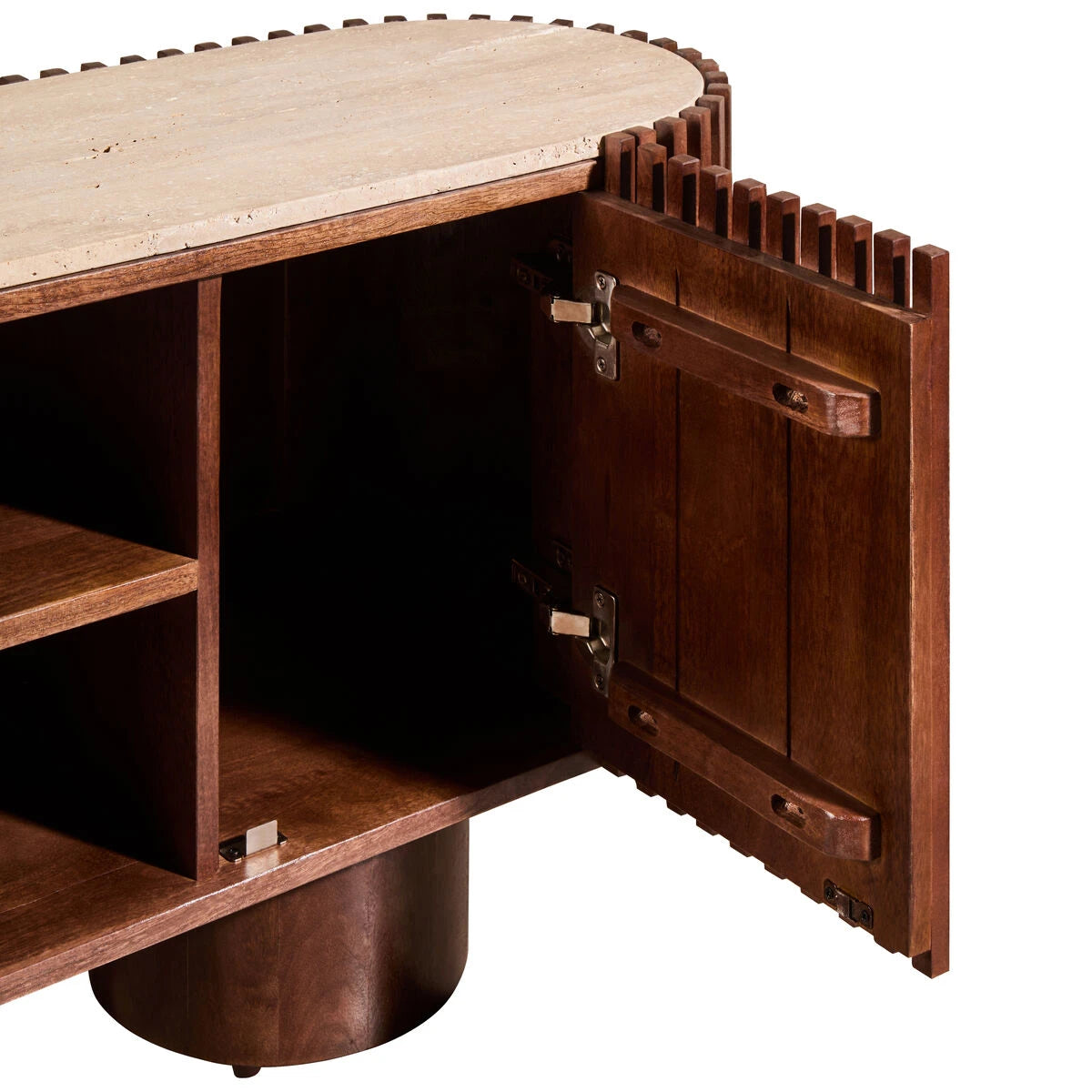 Solmere media unit with a slatted door open