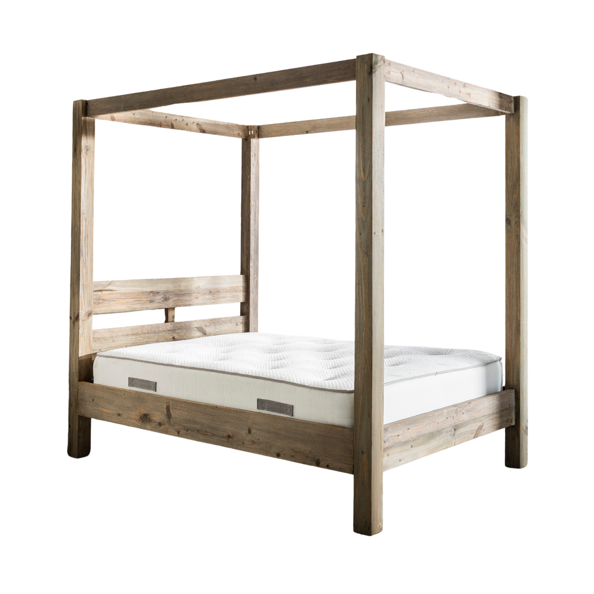 The Timberfell Four Poster King Size Bed, showing thick square reclaimed wood posts, an open canopy and a rail headboard in a weathered grey-brown finish.