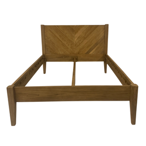 Front view of the Ashcombe King Size Bed frame in reclaimed teak, showing the chevron headboard, side rails and tapered legs.