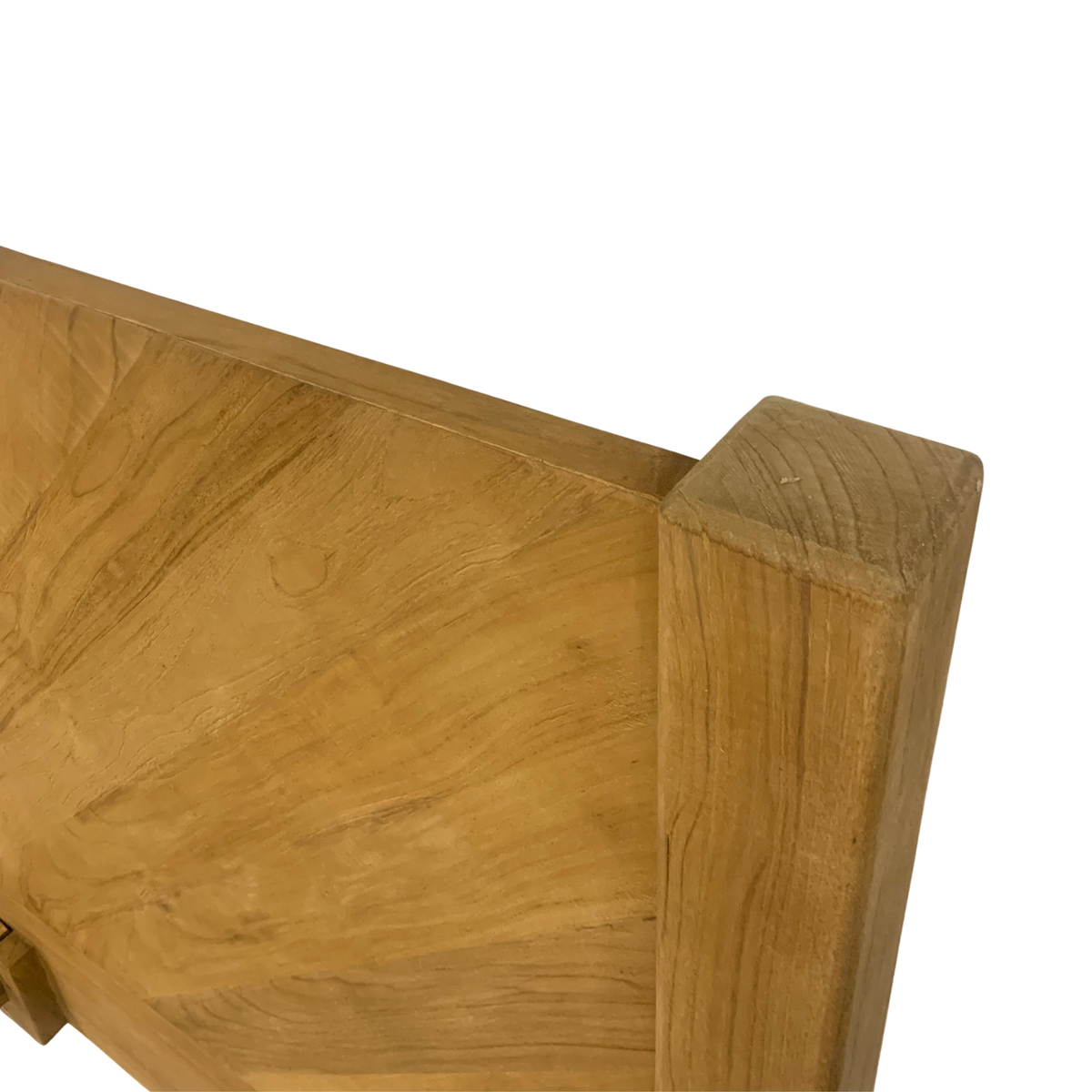 Close-up of the Ashcombe headboard corner, showing the chevron-laid reclaimed teak and square post.