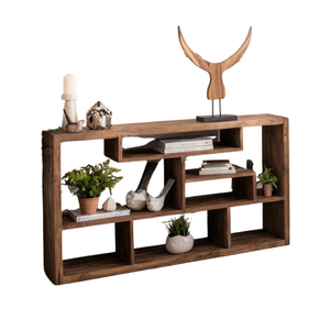 A rustic brown wooden cubby shelf with decorative items including books, small potted plants, ceramic vases, and a horned bull head sculpture, shown against a plain white background.