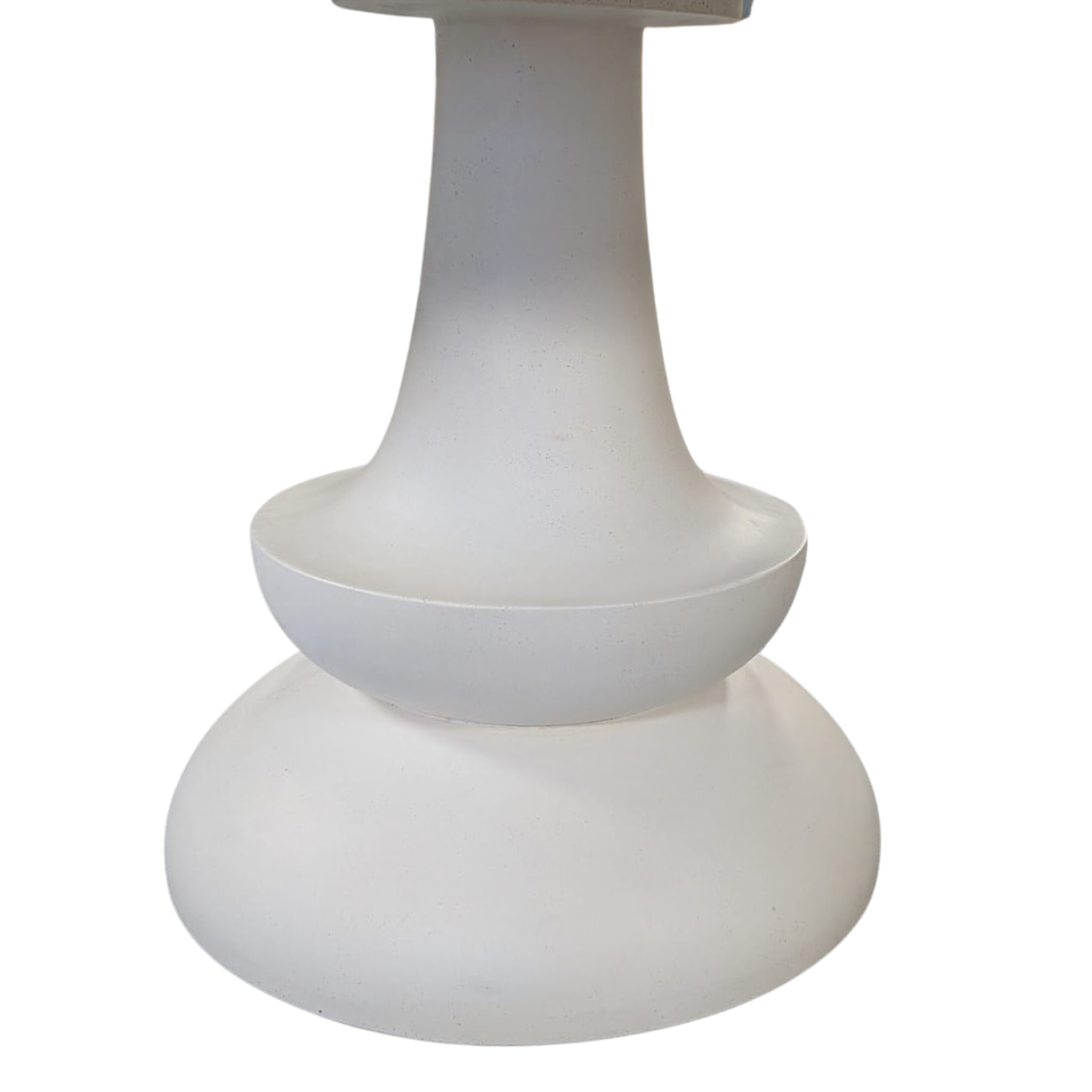 A white table base with a flared round bottom, a wide middle ring, and a narrow neck leading to a top opening, shown against a plain white background.