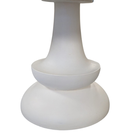 A white table base with a flared round bottom, a wide middle ring, and a narrow neck leading to a top opening, shown against a plain white background.