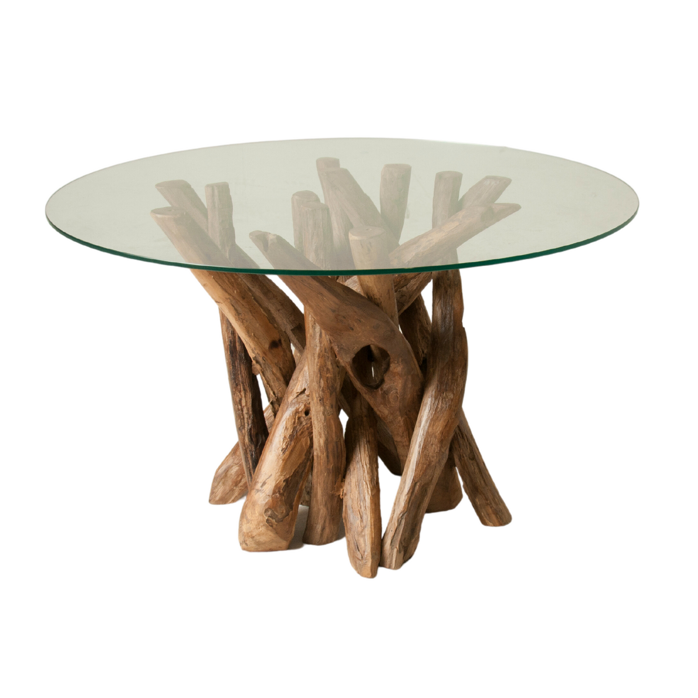 Glass-top table with teak tree root base on a white background