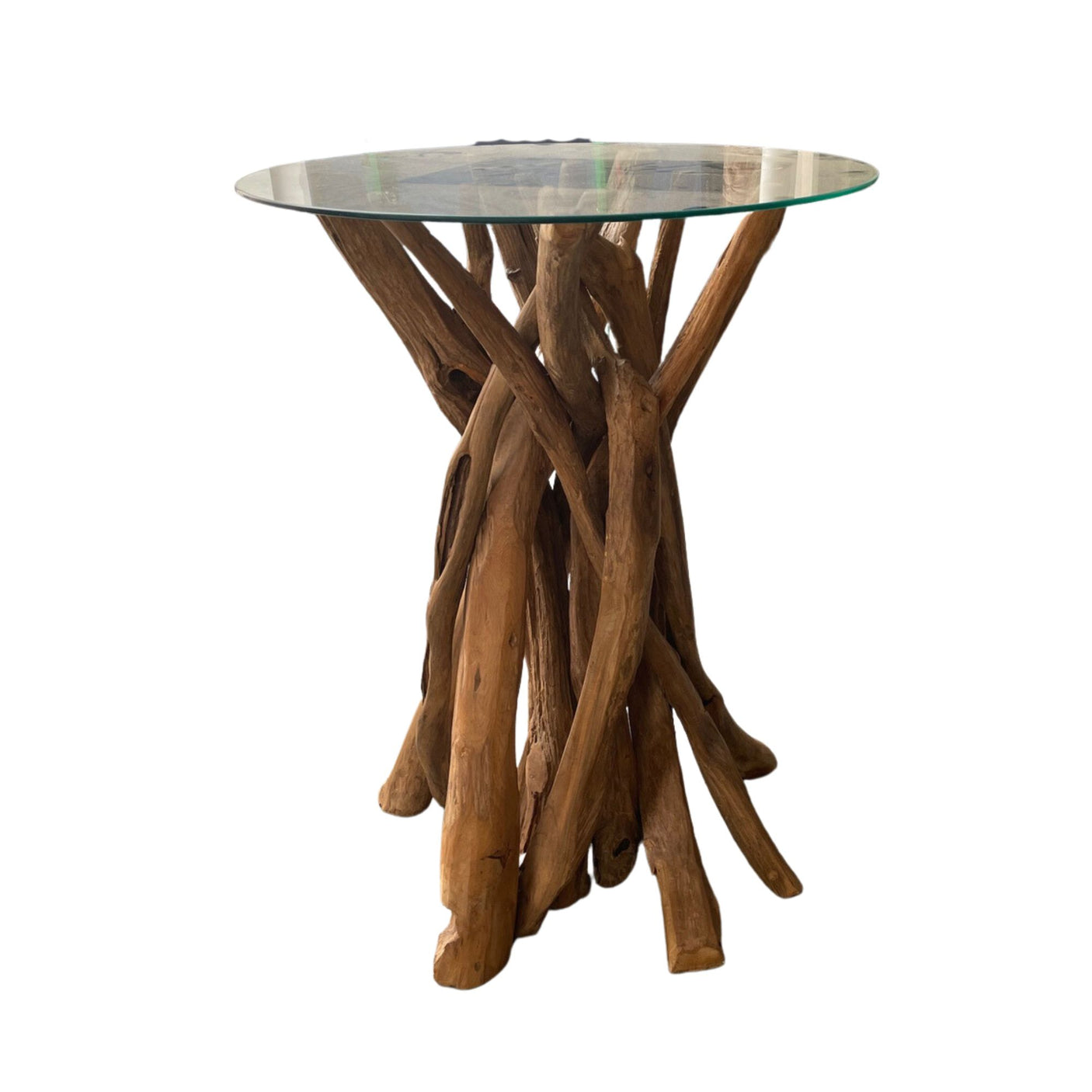 Rustic teak root bar table with glass top on a white background
