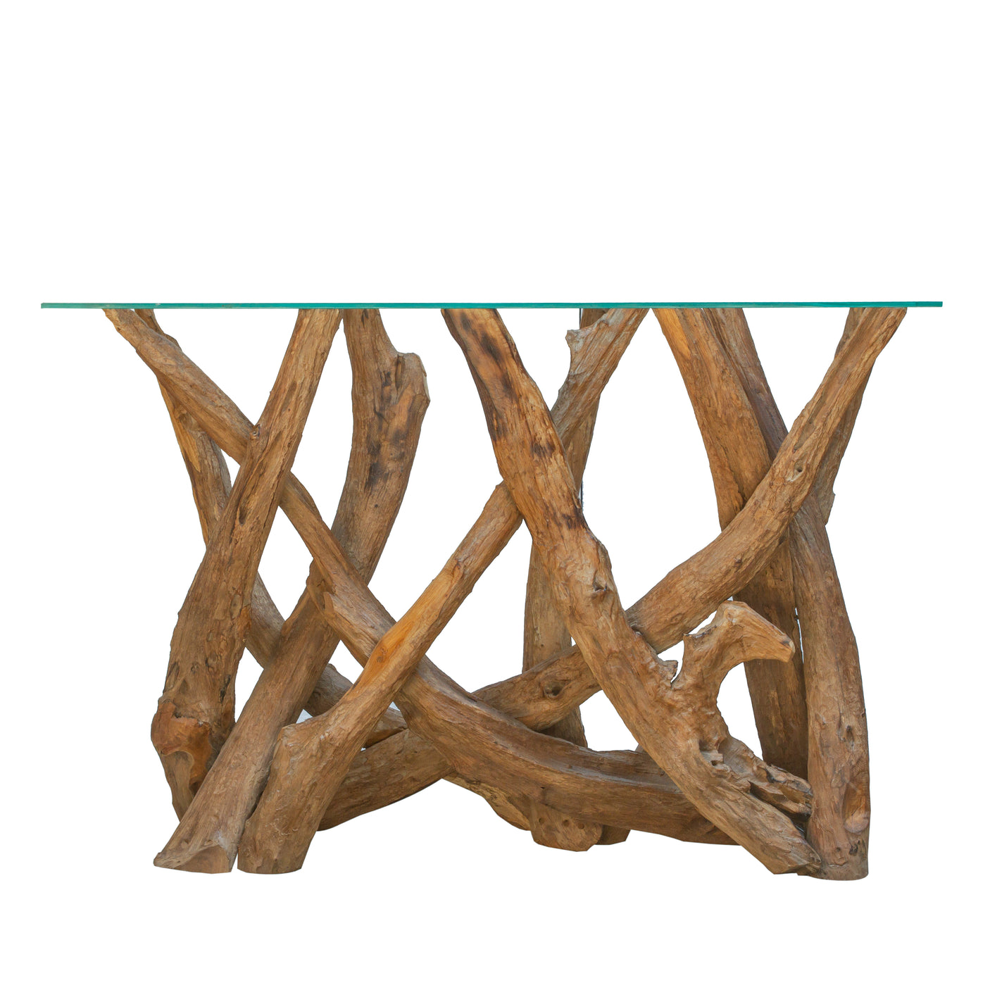 Teak tree root console table with glass top on a white background