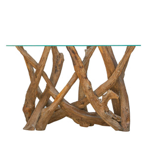 Teak tree root console table with glass top on a white background