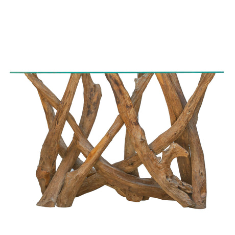 Teak tree root console table with glass top on a white background