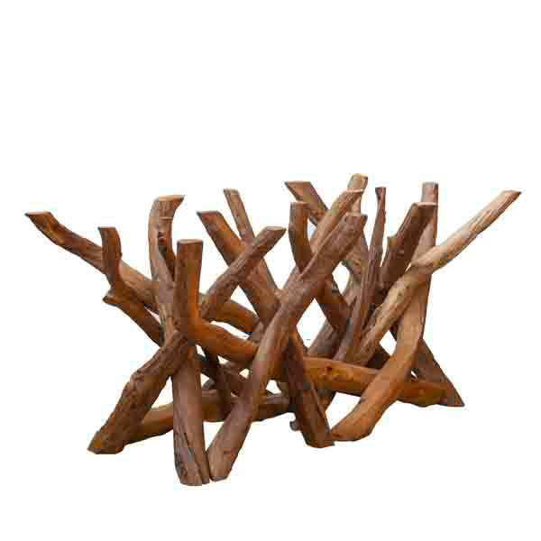 Teak tree root dining table base on a white background
