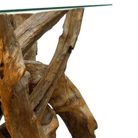 Close up of teak tree root lamp table with glass top on a white background