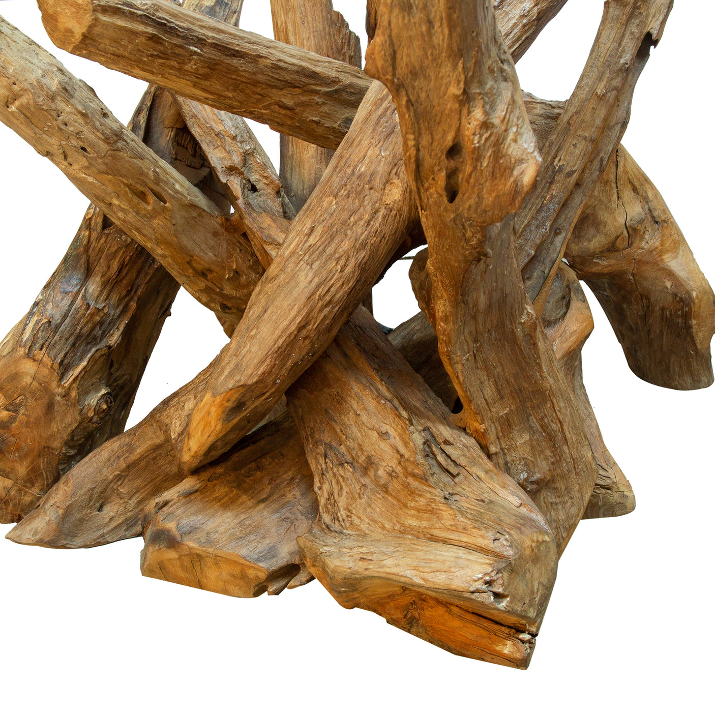 Close up of tree root base for lamp table on a white background