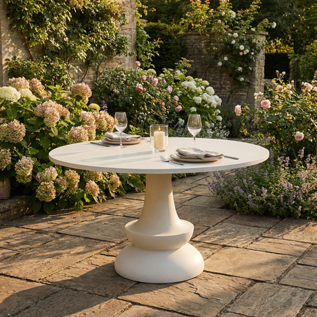 A round outdoor dining table with a sculptural pedestal base, set on a stone patio in a lush garden with flowers and plants in the background.