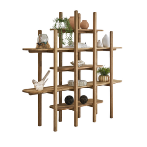 A rustic wooden open shelving unit with staggered shelves, styled with home decor items like vases, plants, and decorative spheres, shown against a plain white background.
