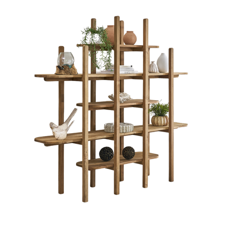 A rustic wooden open shelving unit with staggered shelves, styled with home decor items like vases, plants, and decorative spheres, shown against a plain white background.