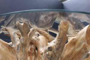Round Teak Root Dining Table With Glass Top