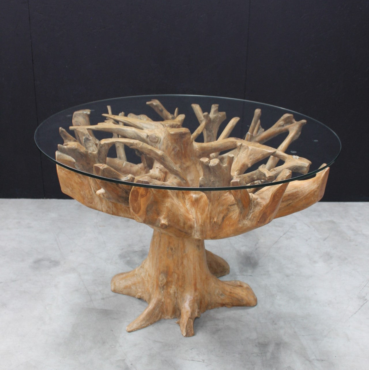 Round Teak Root Dining Table With Glass Top