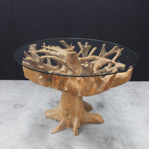 Round Teak Root Dining Table With Glass Top