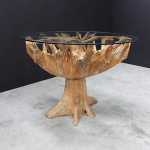 Round Teak Root Dining Table With Glass Top