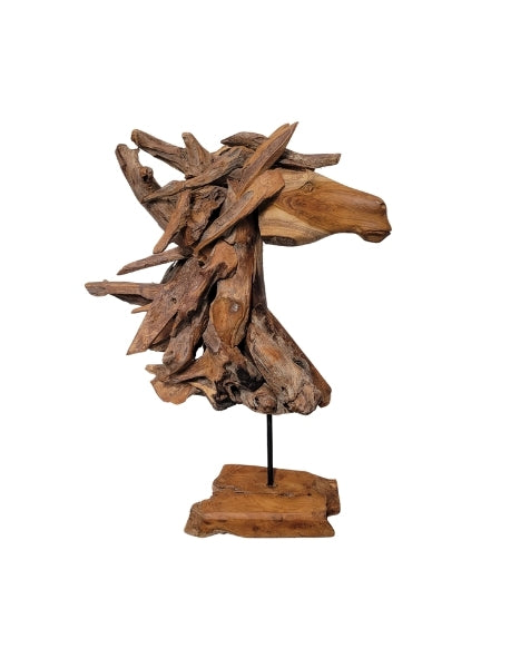 Wooden sculpture of a horse head on a white background
