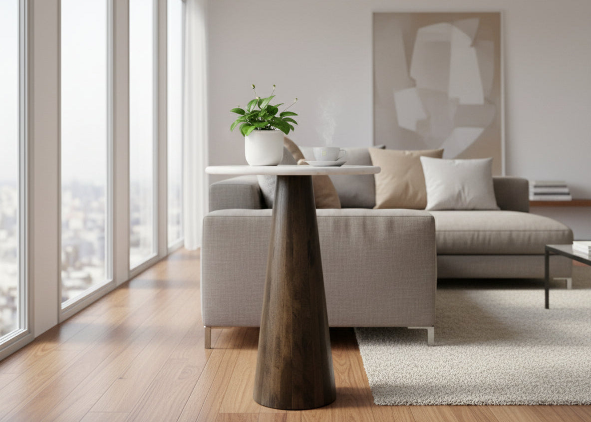 Jalore Cone Wooden Side Table With Marble Top